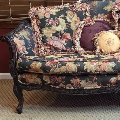 LOT 22F: Vintage Carved Wood & Black Floral Upholstered Sofa With Pillows & Throw Pillows