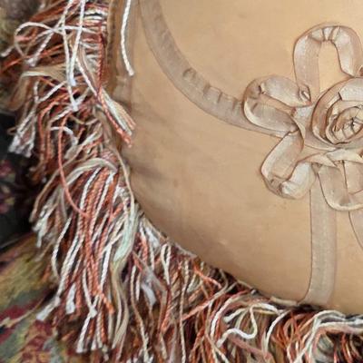 LOT 22F: Vintage Carved Wood & Black Floral Upholstered Sofa With Pillows & Throw Pillows