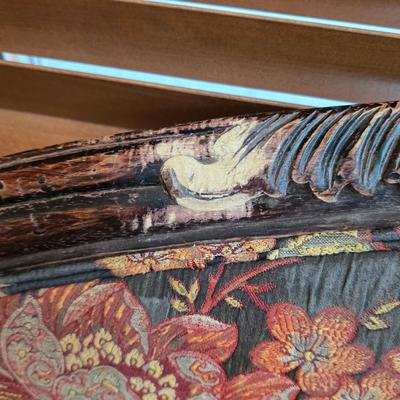 LOT 22F: Vintage Carved Wood & Black Floral Upholstered Sofa With Pillows & Throw Pillows