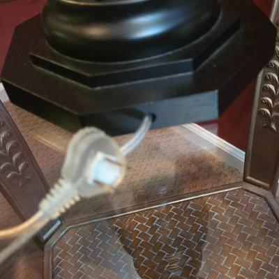 LOT 23F: Brown Leather Recliner Chair, Glass/Metal Side Table With Removable Glass Top & Black Table Lamp W/Shade, Lamp Worked At...