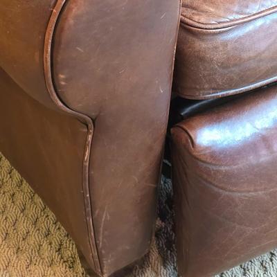 LOT 23F: Brown Leather Recliner Chair, Glass/Metal Side Table With Removable Glass Top & Black Table Lamp W/Shade, Lamp Worked At...