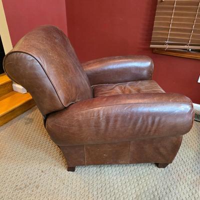 LOT 23F: Brown Leather Recliner Chair, Glass/Metal Side Table With Removable Glass Top & Black Table Lamp W/Shade, Lamp Worked At...