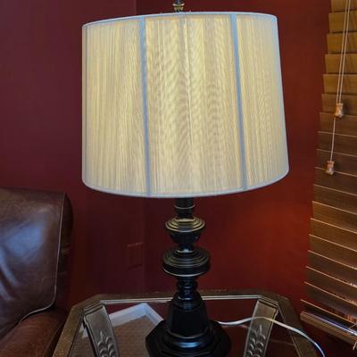 LOT 23F: Brown Leather Recliner Chair, Glass/Metal Side Table With Removable Glass Top & Black Table Lamp W/Shade, Lamp Worked At...