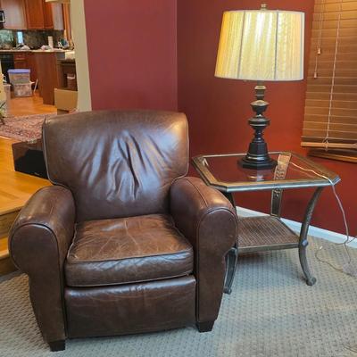 LOT 23F: Brown Leather Recliner Chair, Glass/Metal Side Table With Removable Glass Top & Black Table Lamp W/Shade, Lamp Worked At...