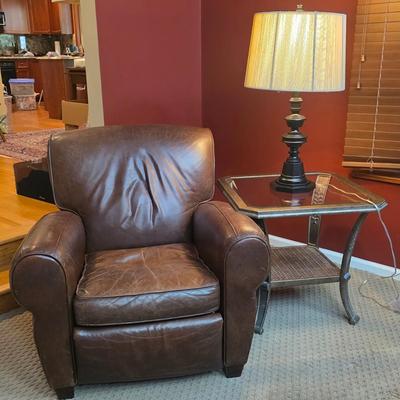 LOT 23F: Brown Leather Recliner Chair, Glass/Metal Side Table With Removable Glass Top & Black Table Lamp W/Shade, Lamp Worked At...
