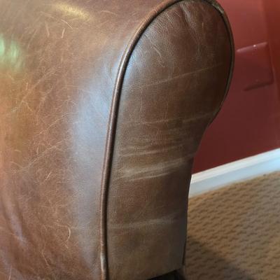 LOT 23F: Brown Leather Recliner Chair, Glass/Metal Side Table With Removable Glass Top & Black Table Lamp W/Shade, Lamp Worked At...