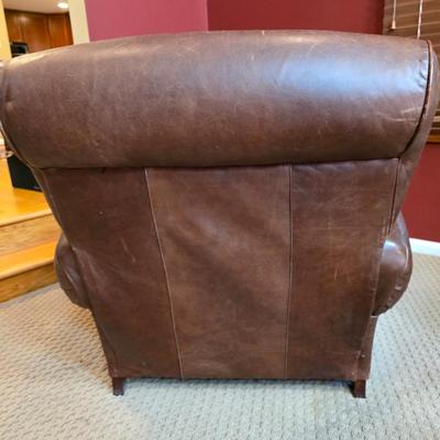 LOT 23F: Brown Leather Recliner Chair, Glass/Metal Side Table With Removable Glass Top & Black Table Lamp W/Shade, Lamp Worked At...