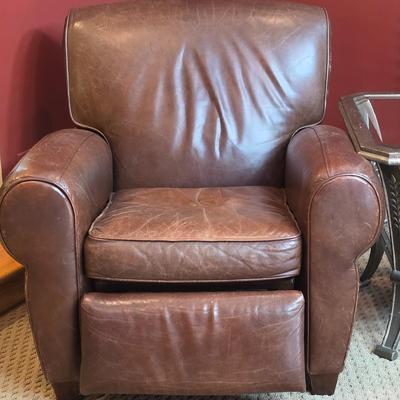 LOT 23F: Brown Leather Recliner Chair, Glass/Metal Side Table With Removable Glass Top & Black Table Lamp W/Shade, Lamp Worked At...