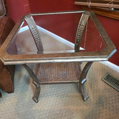 LOT 23F: Brown Leather Recliner Chair, Glass/Metal Side Table With Removable Glass Top & Black Table Lamp W/Shade, Lamp Worked At...