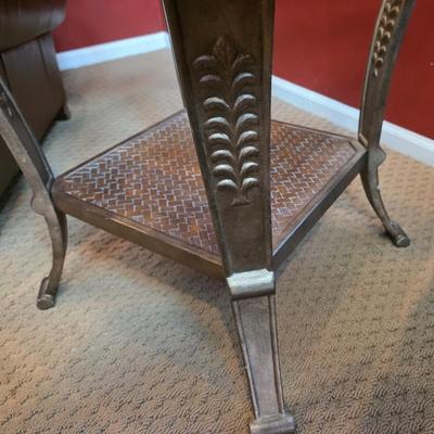LOT 23F: Brown Leather Recliner Chair, Glass/Metal Side Table With Removable Glass Top & Black Table Lamp W/Shade, Lamp Worked At...