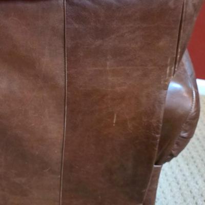 LOT 23F: Brown Leather Recliner Chair, Glass/Metal Side Table With Removable Glass Top & Black Table Lamp W/Shade, Lamp Worked At...