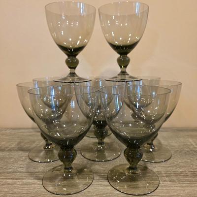 LOT 26K: Incomplete Set Of Circa 1980's, Smokey Colored Glasses, 12 Champagne Goblets, 10 Wine Goblets, & 2 Small Goblets