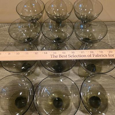 LOT 26K: Incomplete Set Of Circa 1980's, Smokey Colored Glasses, 12 Champagne Goblets, 10 Wine Goblets, & 2 Small Goblets