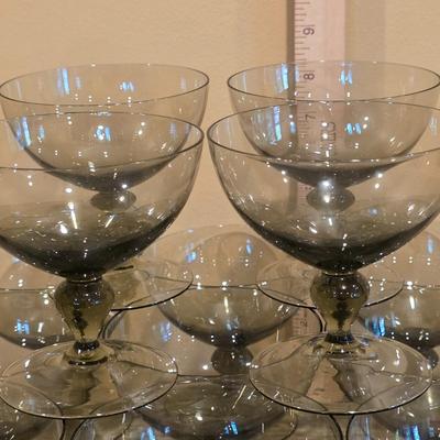 LOT 26K: Incomplete Set Of Circa 1980's, Smokey Colored Glasses, 12 Champagne Goblets, 10 Wine Goblets, & 2 Small Goblets