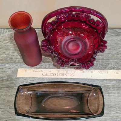 LOT 27D: Collection Of Vintage Colored Glass Decor, Fenton Ruby Red Art Glass Thumbprint Basket Hazel Atlas Relish Dish & Frosted Red...