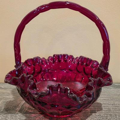 LOT 27D: Collection Of Vintage Colored Glass Decor, Fenton Ruby Red Art Glass Thumbprint Basket Hazel Atlas Relish Dish & Frosted Red...