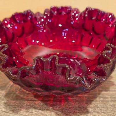 LOT 27D: Collection Of Vintage Colored Glass Decor, Fenton Ruby Red Art Glass Thumbprint Basket Hazel Atlas Relish Dish & Frosted Red...