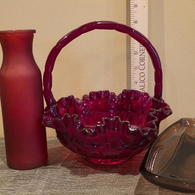 LOT 27D: Collection Of Vintage Colored Glass Decor, Fenton Ruby Red Art Glass Thumbprint Basket Hazel Atlas Relish Dish & Frosted Red...