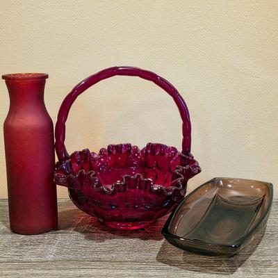 LOT 27D: Collection Of Vintage Colored Glass Decor, Fenton Ruby Red Art Glass Thumbprint Basket Hazel Atlas Relish Dish & Frosted Red...