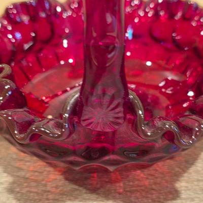 LOT 27D: Collection Of Vintage Colored Glass Decor, Fenton Ruby Red Art Glass Thumbprint Basket Hazel Atlas Relish Dish & Frosted Red...