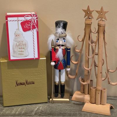 LOT 28D: Holiday Collection With Lenox Porcelain, Hand Painted 24K Accented, Holiday Cheer Santa Ornament, Nieman Marcus Nutcracker Snow...