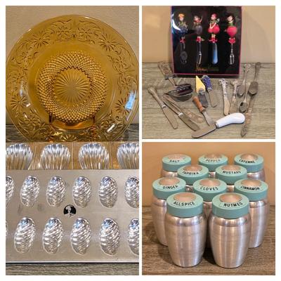 LOT 32D: Vintage Collection Of Indiana Glass Amber Daisy Plate, Nieman Marcas Hors d'oeuvre Forks, Spreaders, Aluminum Molds &...