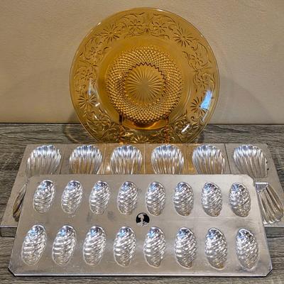 LOT 32D: Vintage Collection Of Indiana Glass Amber Daisy Plate, Nieman Marcas Hors d'oeuvre Forks, Spreaders, Aluminum Molds &...
