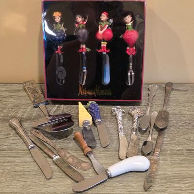 LOT 32D: Vintage Collection Of Indiana Glass Amber Daisy Plate, Nieman Marcas Hors d'oeuvre Forks, Spreaders, Aluminum Molds &...