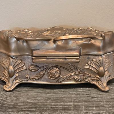 LOT 34D: Vintage/Antique Art Nouveau Jewelery Box Set, Ornate Filigree Frame & Mirrored Vanity Tray