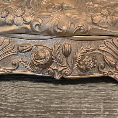 LOT 34D: Vintage/Antique Art Nouveau Jewelery Box Set, Ornate Filigree Frame & Mirrored Vanity Tray