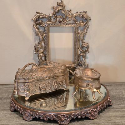 LOT 34D: Vintage/Antique Art Nouveau Jewelery Box Set, Ornate Filigree Frame & Mirrored Vanity Tray