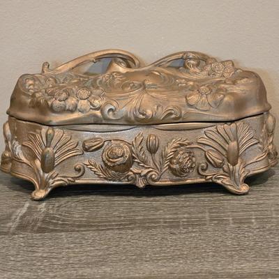 LOT 34D: Vintage/Antique Art Nouveau Jewelery Box Set, Ornate Filigree Frame & Mirrored Vanity Tray