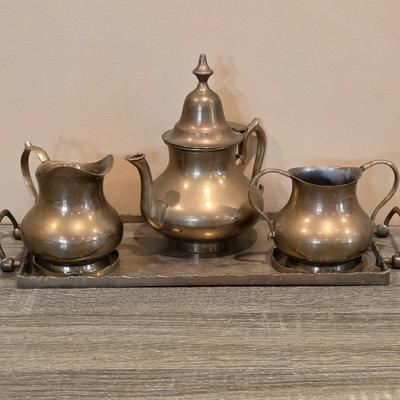 LOT 38K: Mid Century Brass Tea Pot, Creamer & Sugar Bowl With Tray