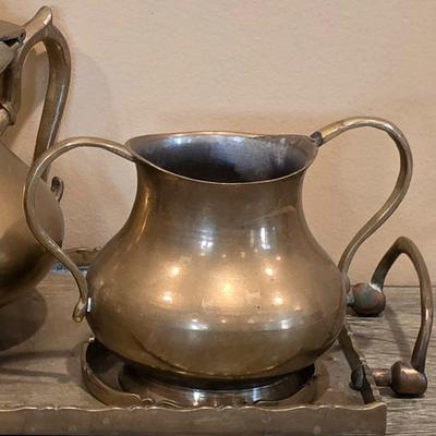 LOT 38K: Mid Century Brass Tea Pot, Creamer & Sugar Bowl With Tray