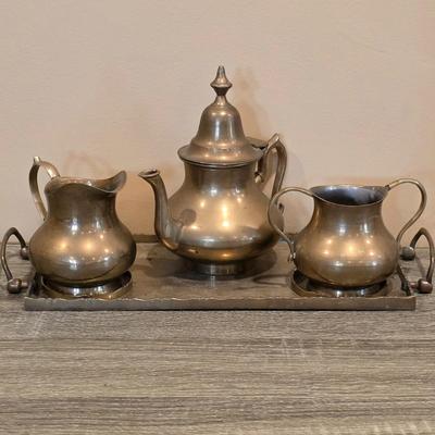 LOT 38K: Mid Century Brass Tea Pot, Creamer & Sugar Bowl With Tray