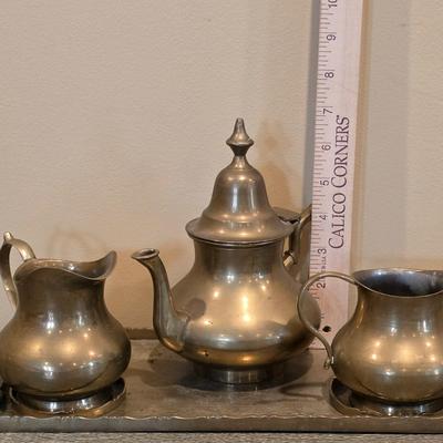 LOT 38K: Mid Century Brass Tea Pot, Creamer & Sugar Bowl With Tray
