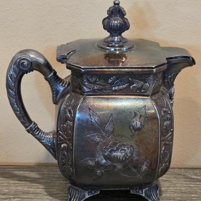 LOT 39K: Antique/Vintage Silver-Plated Coffee/Tea Set, Coffee Pot W/Spigot & Warmer, Tea Pot, Sugar Bowl, Creamer & Waste Bowl