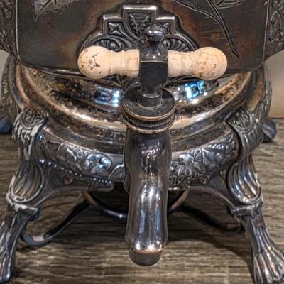 LOT 39K: Antique/Vintage Silver-Plated Coffee/Tea Set, Coffee Pot W/Spigot & Warmer, Tea Pot, Sugar Bowl, Creamer & Waste Bowl