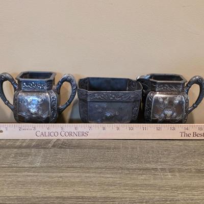 LOT 39K: Antique/Vintage Silver-Plated Coffee/Tea Set, Coffee Pot W/Spigot & Warmer, Tea Pot, Sugar Bowl, Creamer & Waste Bowl