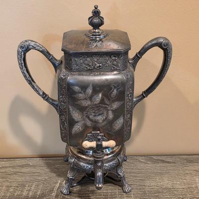 LOT 39K: Antique/Vintage Silver-Plated Coffee/Tea Set, Coffee Pot W/Spigot & Warmer, Tea Pot, Sugar Bowl, Creamer & Waste Bowl