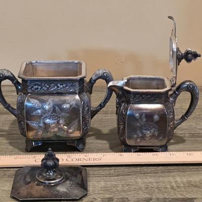LOT 39K: Antique/Vintage Silver-Plated Coffee/Tea Set, Coffee Pot W/Spigot & Warmer, Tea Pot, Sugar Bowl, Creamer & Waste Bowl
