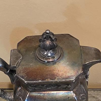 LOT 39K: Antique/Vintage Silver-Plated Coffee/Tea Set, Coffee Pot W/Spigot & Warmer, Tea Pot, Sugar Bowl, Creamer & Waste Bowl