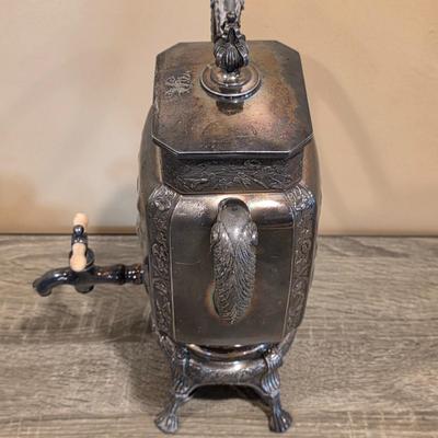 LOT 39K: Antique/Vintage Silver-Plated Coffee/Tea Set, Coffee Pot W/Spigot & Warmer, Tea Pot, Sugar Bowl, Creamer & Waste Bowl