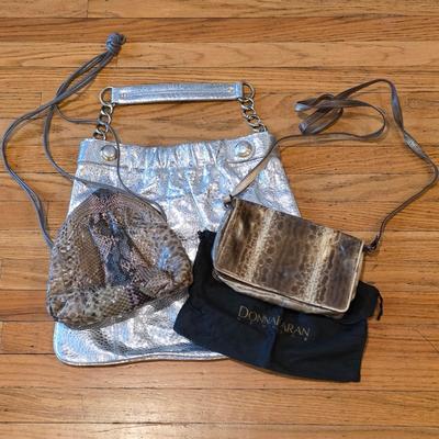 LOT 40F: 3 Vintage Leather Purses, Donna Karen, Made In Italy W/Dust Bag, Leo Rexx Snakeskin Bag & Cynthia Rowley Silver Snake Scale...