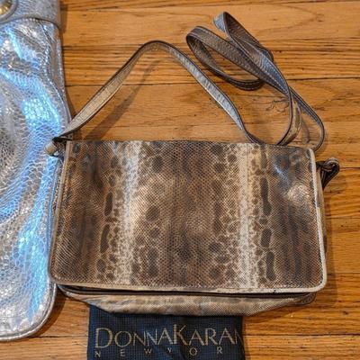 LOT 40F: 3 Vintage Leather Purses, Donna Karen, Made In Italy W/Dust Bag, Leo Rexx Snakeskin Bag & Cynthia Rowley Silver Snake Scale...