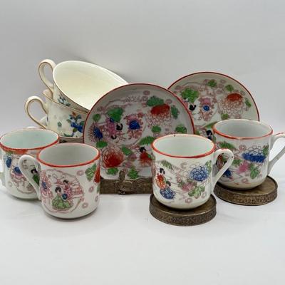 LOT 58D: Antique Brass Pheasant Teacup Display Stands (2), Tea Cups & Saucers