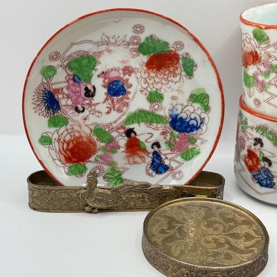 LOT 58D: Antique Brass Pheasant Teacup Display Stands (2), Tea Cups & Saucers