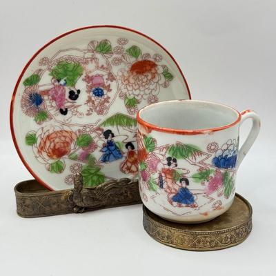 LOT 58D: Antique Brass Pheasant Teacup Display Stands (2), Tea Cups & Saucers