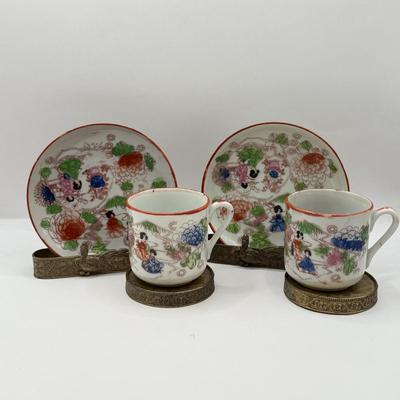 LOT 58D: Antique Brass Pheasant Teacup Display Stands (2), Tea Cups & Saucers