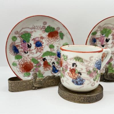 LOT 58D: Antique Brass Pheasant Teacup Display Stands (2), Tea Cups & Saucers